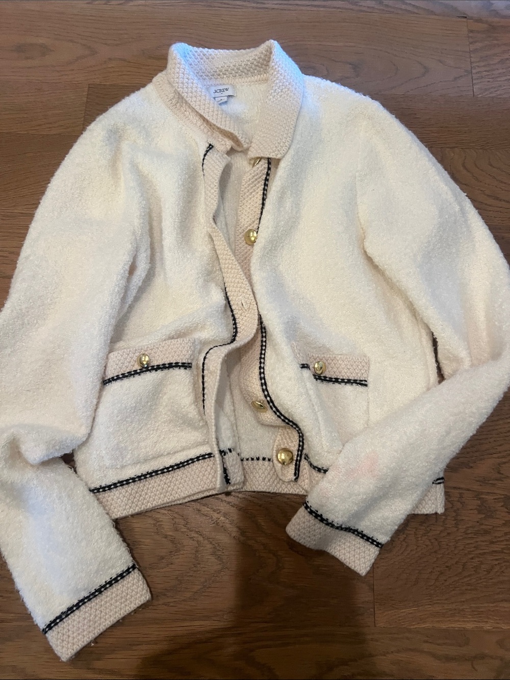 J. Crew Cream Bouclé Jacket with Black Trim and Gold Buttons